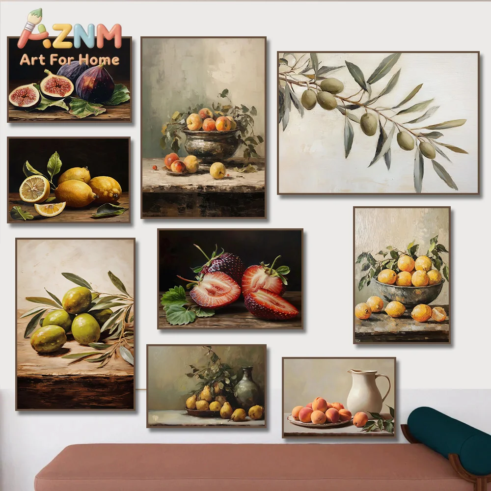AZNM Vintage Fruit Still Life Canvas Wall Art Lemon Fig Olive Strawberry Classic Oil Painting Kitchen Unframed Canvas Home Decor