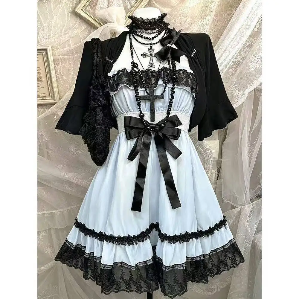 Punk Party Lolita Dress Suit Women Casual Short Cardigan Japanese Y2K Vintage Mini Dress Harajuku Fashion 2 Piece Set image 4