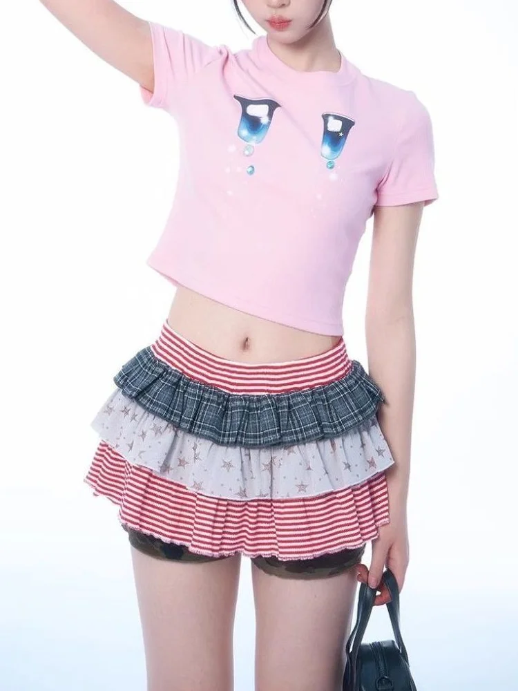 

Y2K splicing layered short skirt with striped plaid star print for spring and summer hot girl A-line pleated skirt