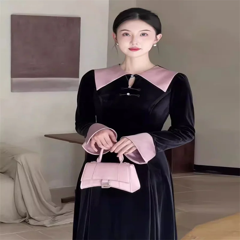 

New Oversized Retro Style Elegant Contrasting Color Golden Velvet Dress For Women High-End Chic Lapel Waist Black Skirt C90