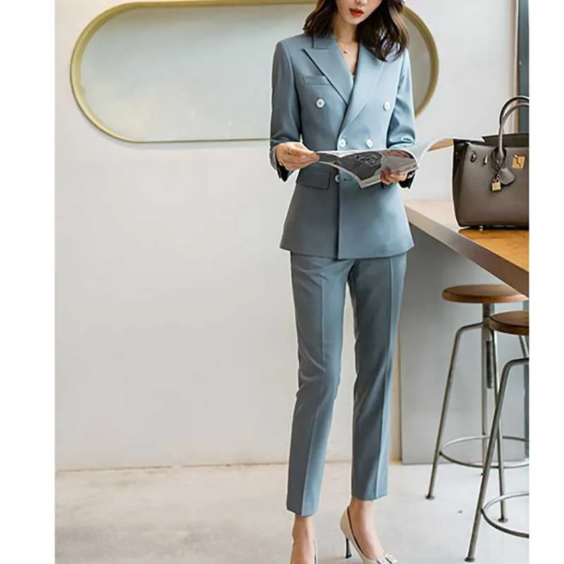 ชุดสูทผู้หญิงทรงเข้ารูป Allingentle แบบ 2 ชิ้น เสื้อเบลเซอร์และกางเกงขายาว ดีไซน์หรูหรา กระเป๋าแบบมีฝาปิด เหมาะสำหรับใส่ทำงานหรือลำลอง สามารถปรับแต่งได้