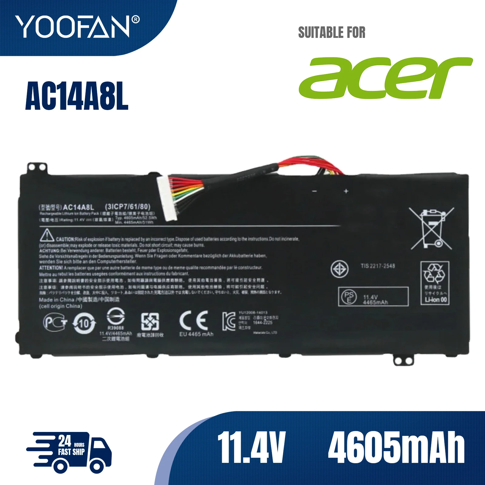 YOOFAN AC14A8L Laptop Battery For Acer Aspire VN7-571 VN7-571G VN7-591 VN7-591G VN7-791G MS2391 KT.0030G.001 11.4V 4605mAh