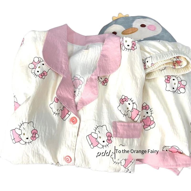 Sanrio verão novo shorts de manga curta feminino pijamas de algodão puro olá kitty feminino dos desenhos animados bonito doce menina lazer casa conjunto