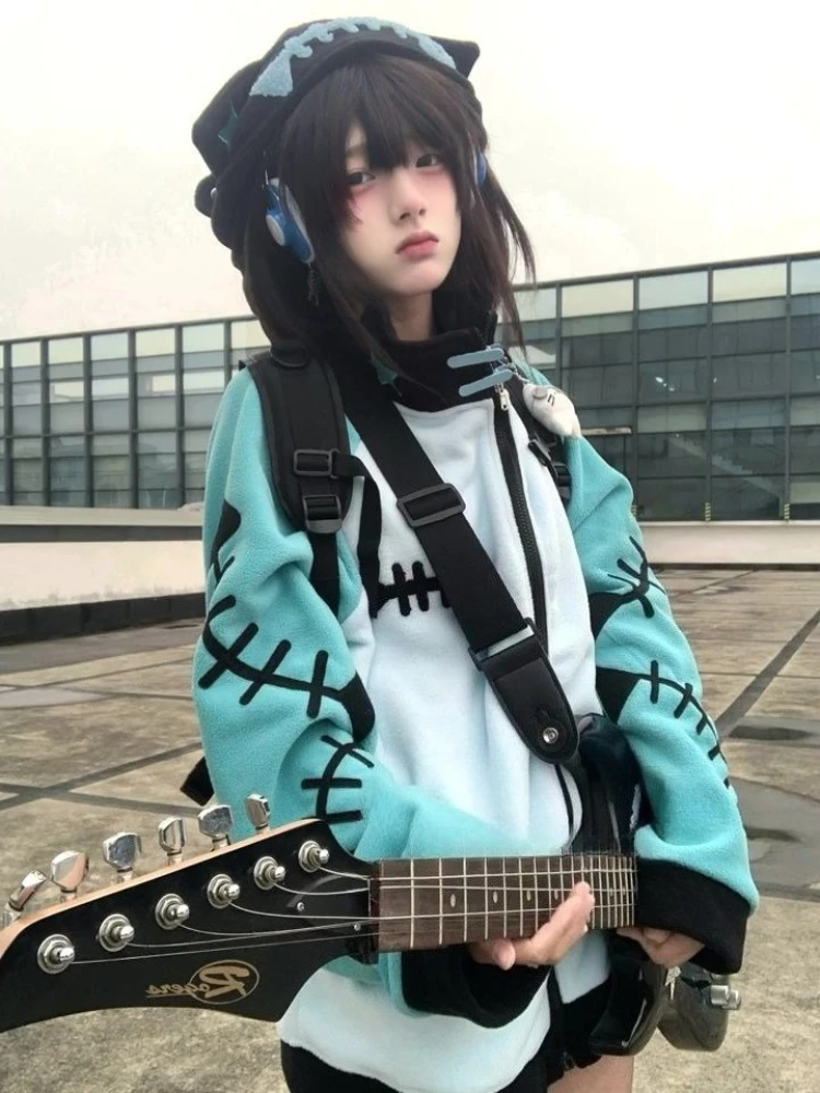 

Subculture Style Japanese Outwear Detachable Hood Patchwork Casual Long Sleeve Stand Collar Zipper Pocket Pattern Coat Autumn