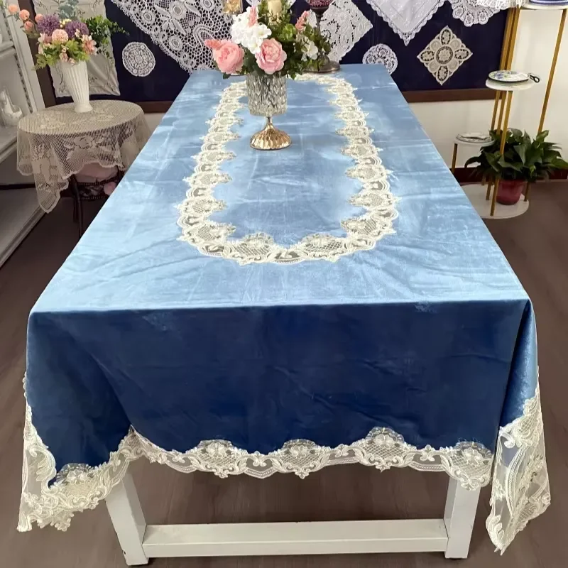 Elegant Blue Polyester/Cotton Italian Velvet Jacquard Woven Floral Embroidery Washable Customizable BS Table Cloth Wedding