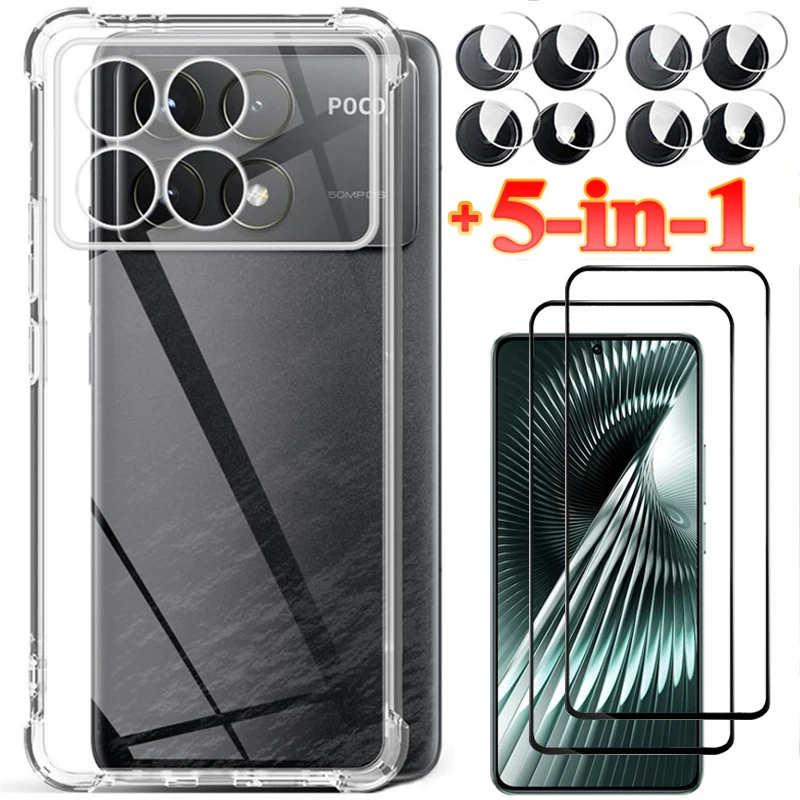 

5-in-1,Silicone Case + Glass for Poco F6 Pro 5G Soft Shockproof Clear Phone Cases Pocophone F6 Pro Cover Xiaomi Poco F6 Pro Case