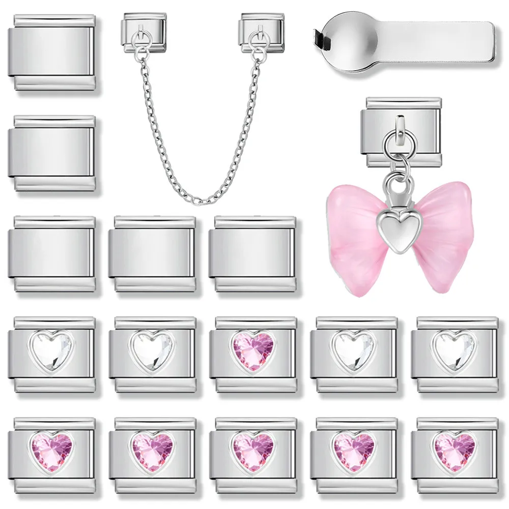 URING 9mm Italian Bracelet Heart Element Tool Combination Set 18pcs Pack Valentine's Day Gifts DIY Stainless Steel Charm Jewelry