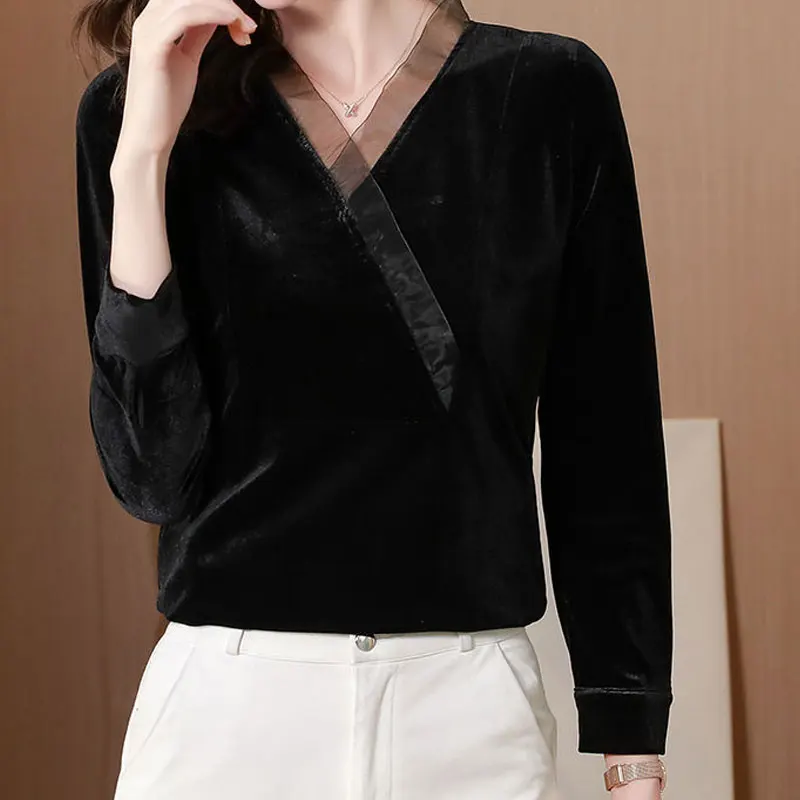 Golden Velvet Tops Black Simple Spring Autumn New Women's Clothing Long Sleeve Slim V-Neck Spliced Gauze Sexy Fashion Elegant