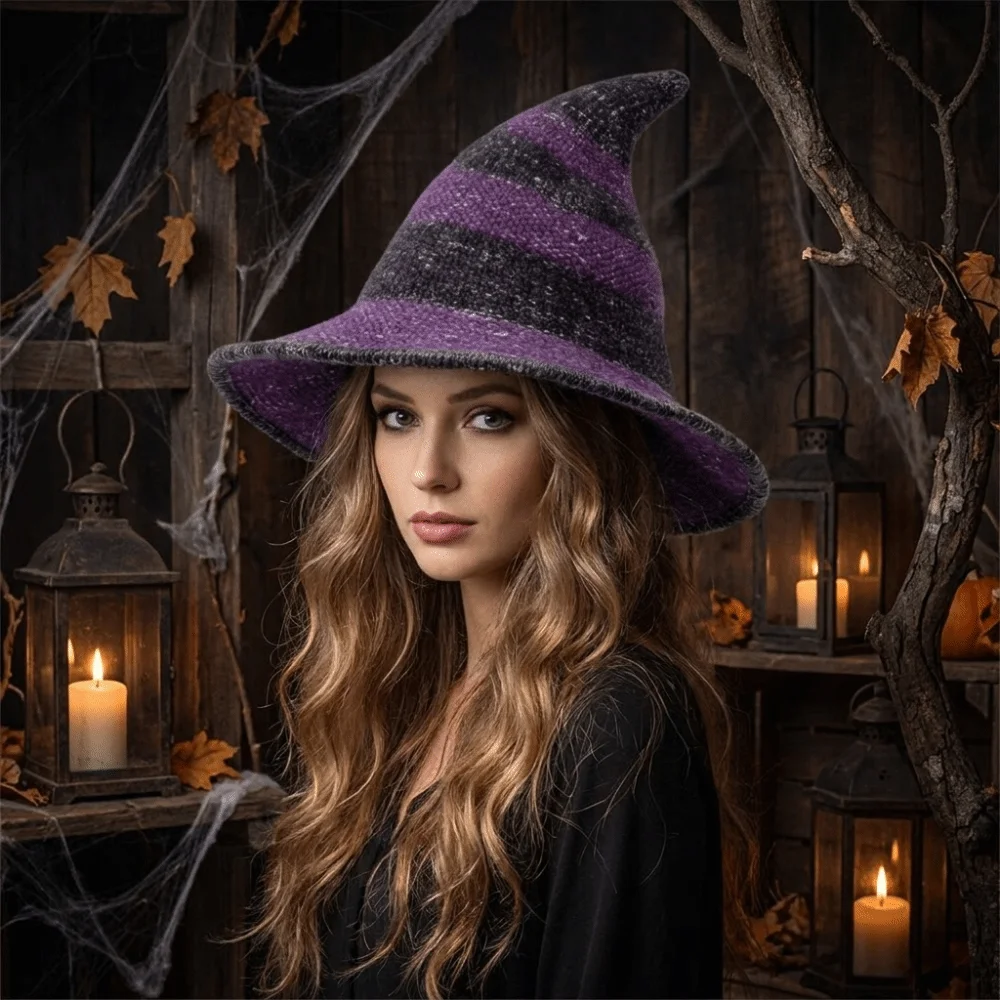 Wide Edges Witch Hat Color Blocked Soft Knitted Wizard Cap Yarn Cotton Breathable Halloween Hat Fairytale Festival Carnival