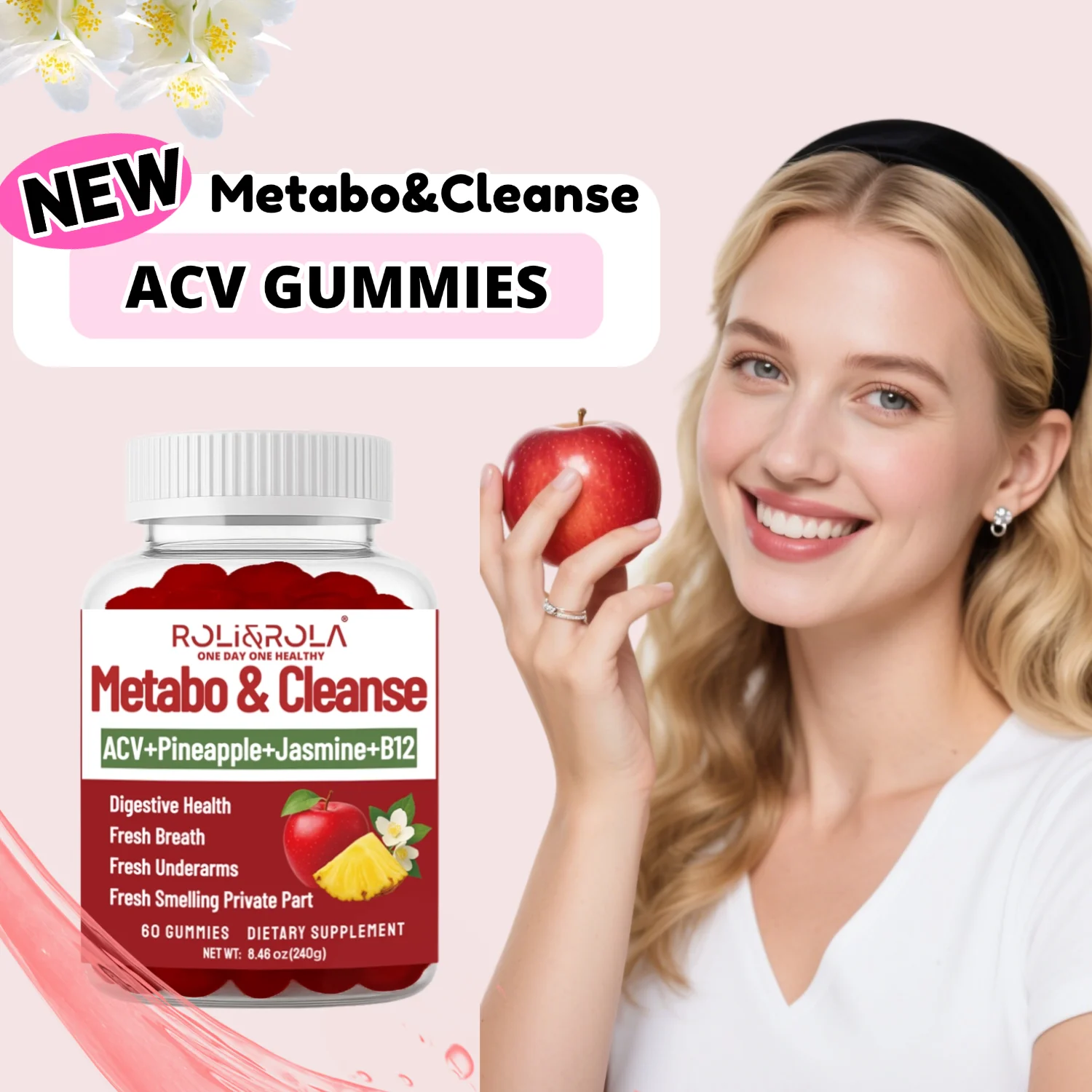 

ROLI&ROLA Metabo&Cleanse ACV Веганские витаминные жевательные конфеты-Zero Sugar Digestive Health&Fresh с ананасом B12 Жасмин и имбирем.60 шт.