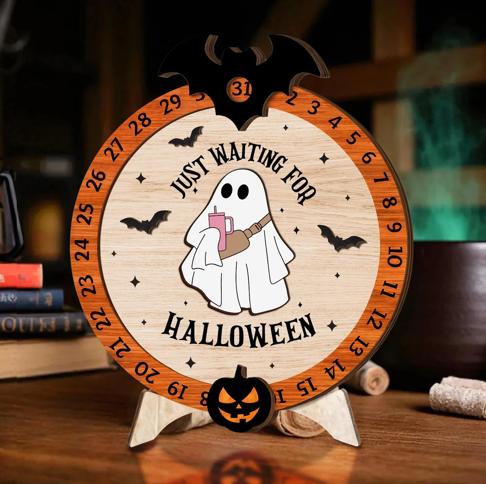 Personalized Halloween Countdown Clock Just Waiting for Halloween Wooden Plaque Custom Fall Decor with Ghost and Bat Design