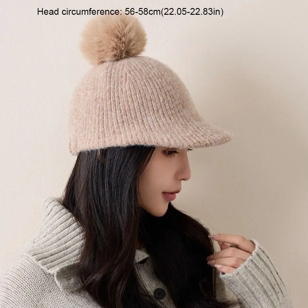 Modische, einfarbige, gestrickte Baseballkappe, wärmende, dicke Wollmütze, Plüschbommel, winddicht, Plüsch-Beanie, zum Skifahren. – Detail 1