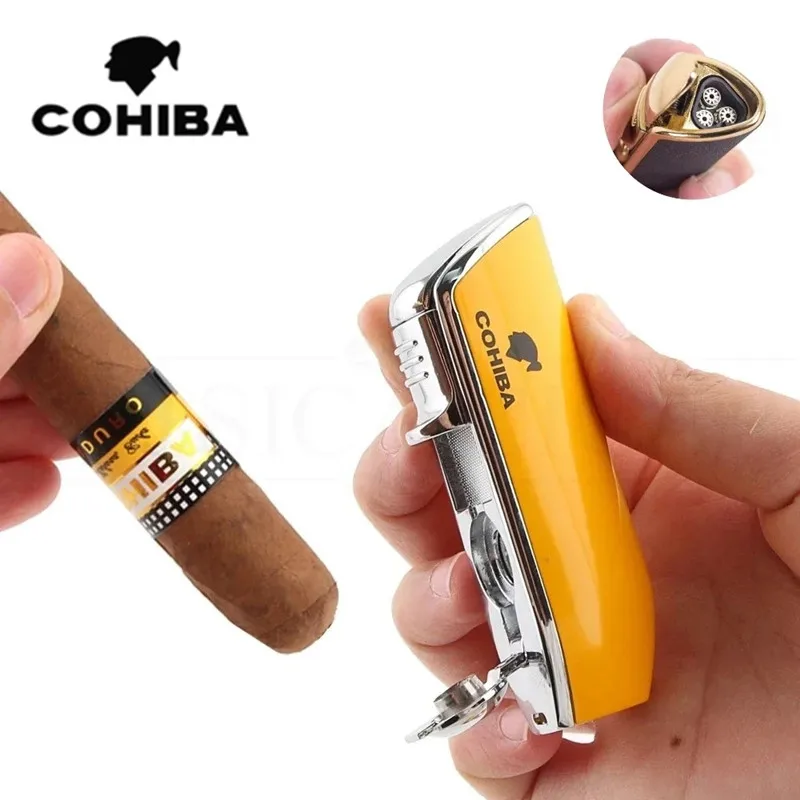 New COHIBA Lighter Metal 3 Jet Butane Torch Lighter Cigar Stamping Bar Sharp Lighter Cigar Knife Cigar Scissor For Gift(No Gas)