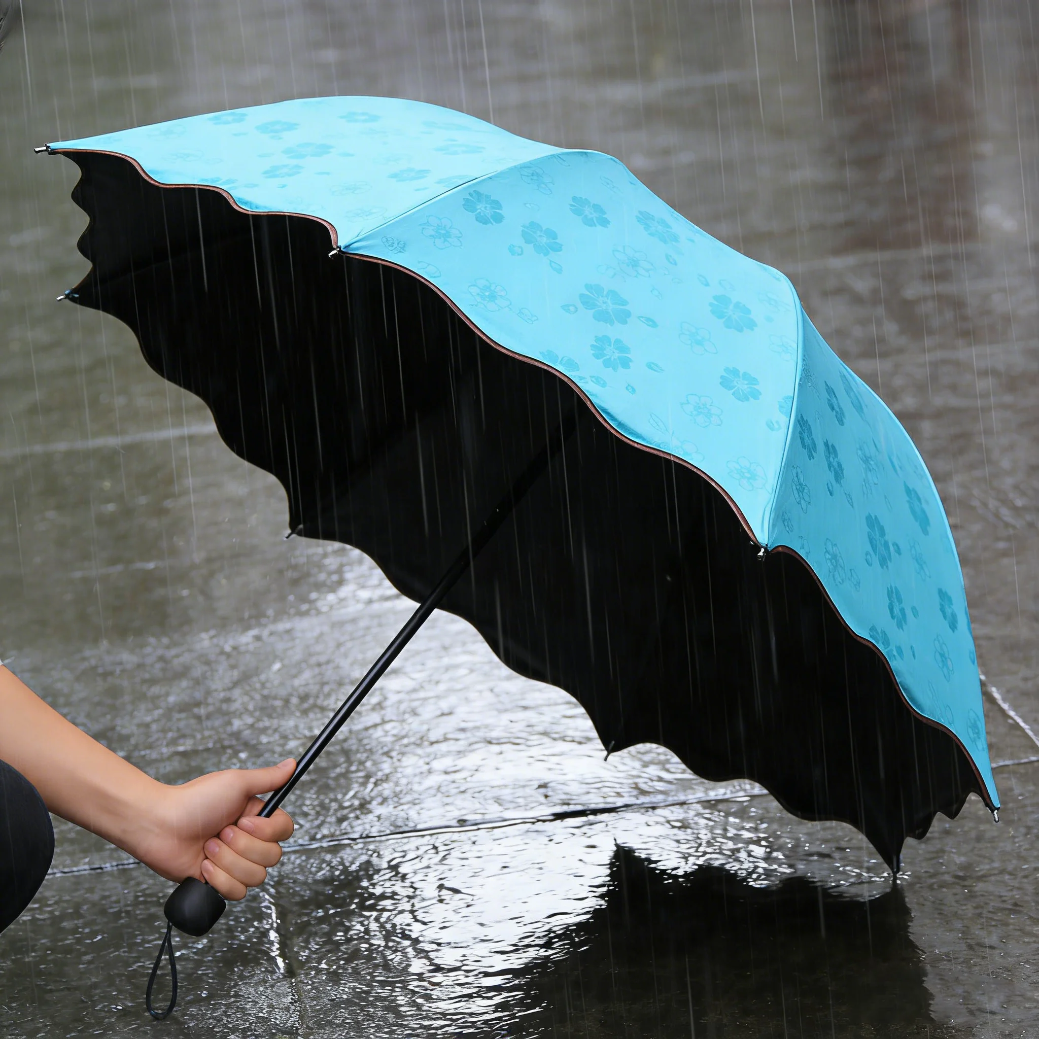 Portable Creative Water Flowering  Umbrella Manual  Black Coating UV Protection Sun Rain Dual Use Folding Parasol