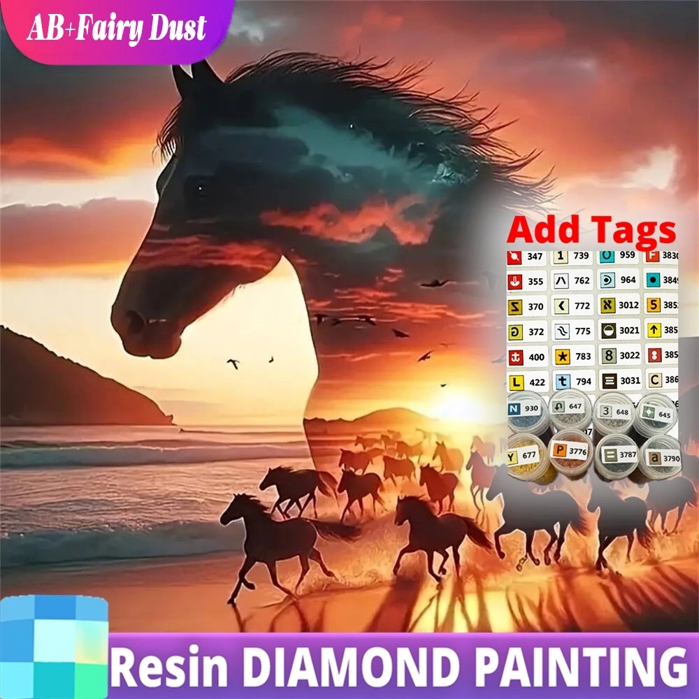 

Resin AB Fairy Dust Diamond Mosaic Horse Animal DIY Painting Seaside Picture Of Rhinestones Embroidery Sunset Decor For Home