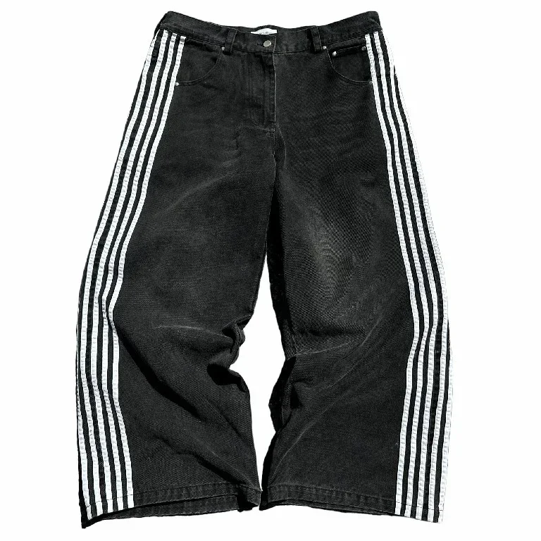 Jeans amples rayés taille haute pour hommes et femmes, pantalons noirs, pantalons à jambes larges, vêtements hip-hop, streetwear rétro, Harajuku, Y2K, nouveau