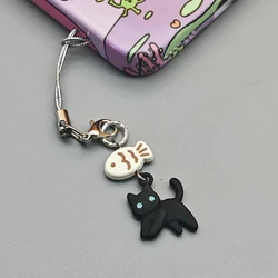 Black Cat Fish Phone Charm Beaded Keychain Chain Simple Fashion Cartoon Couple Bag Camera Pendant Lanyard For iPhone