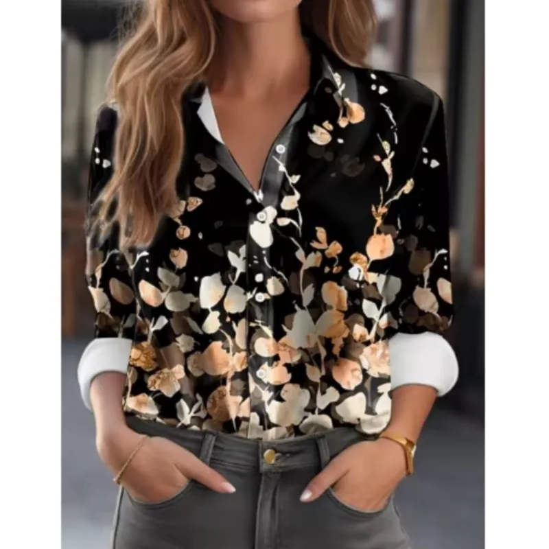 Fashionable women's shirt 2024 personalized shirt casual loose long sleeved lapel button up shirt womens temperament print shirt