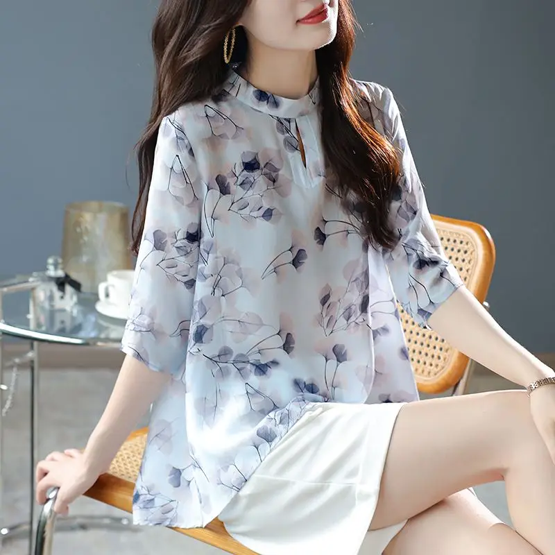 Women Summer Chinese Style Printing Loose Elegant O-neck 3/4 Sleeve Chiffon Shirts Women Clothes Casual Appear Thin Trend Tops