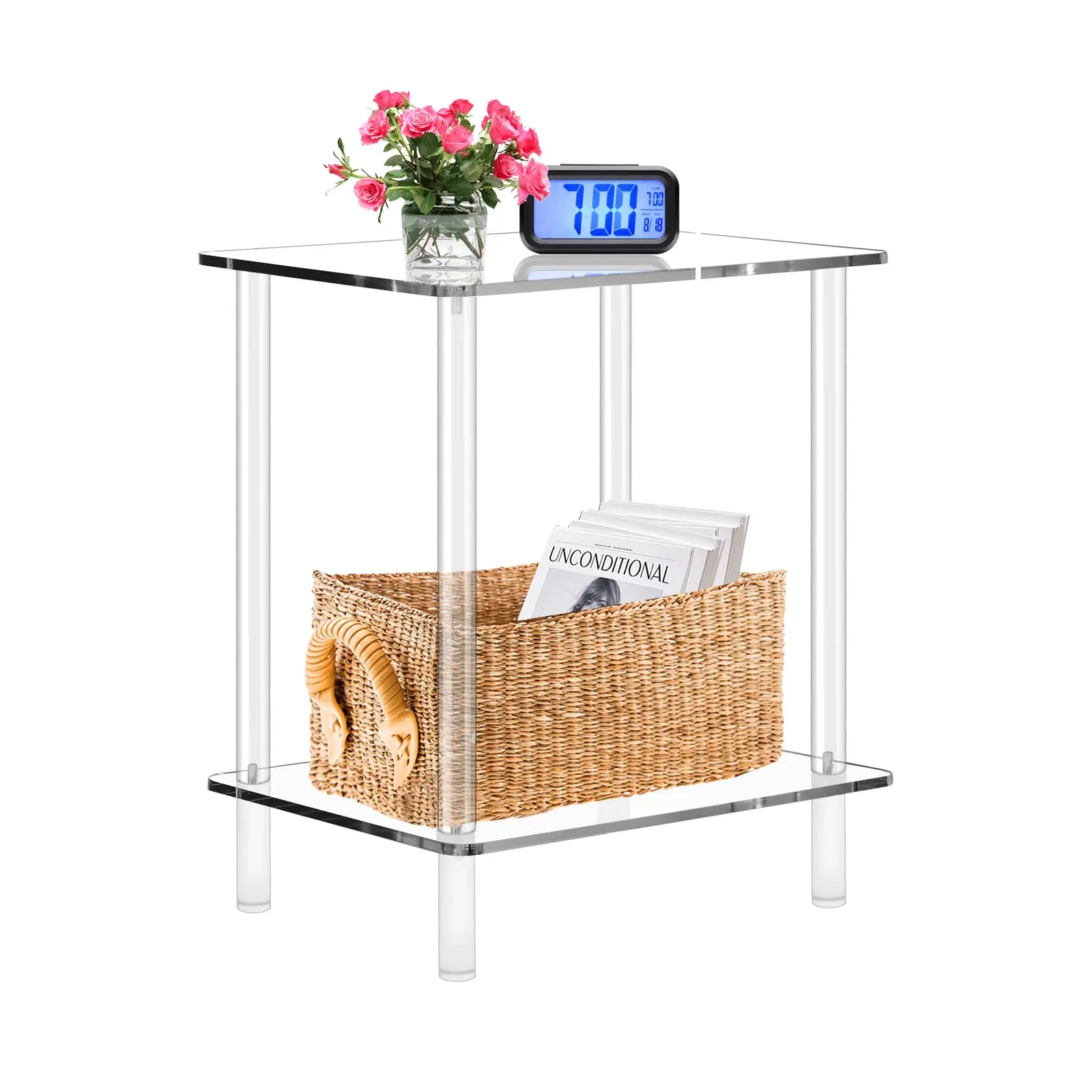 

2-Tier Acrylic Side Table End Table Bedside Nightstand Square Living Room Bedroom Bathroom Furniture