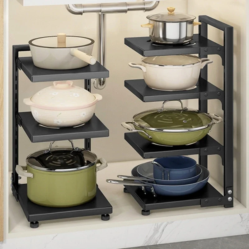 Kitchen Sink Shelf Multi-layer Pot Rack Under Cabinet Storage Organizer Rack Multi-functional Frying Pan Rice Cooker Holder