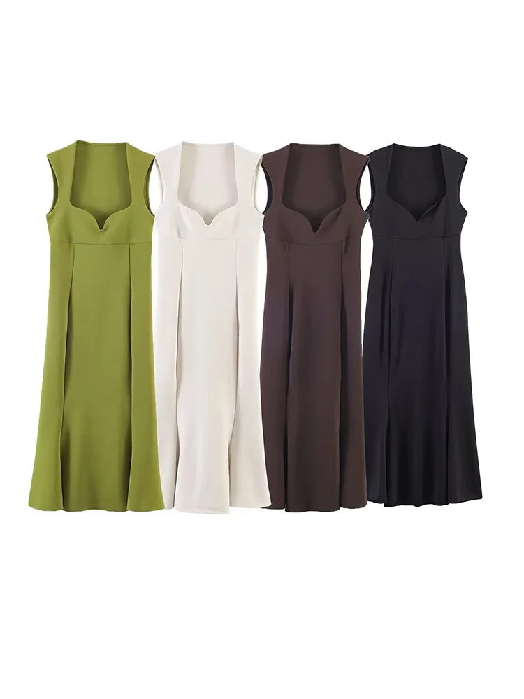 HH Summer Women Elegant Solid Heart-shaped Tight Hip Wrap A-Line Midi Dress Female Sleeveless Party Pleated Knitted Dress