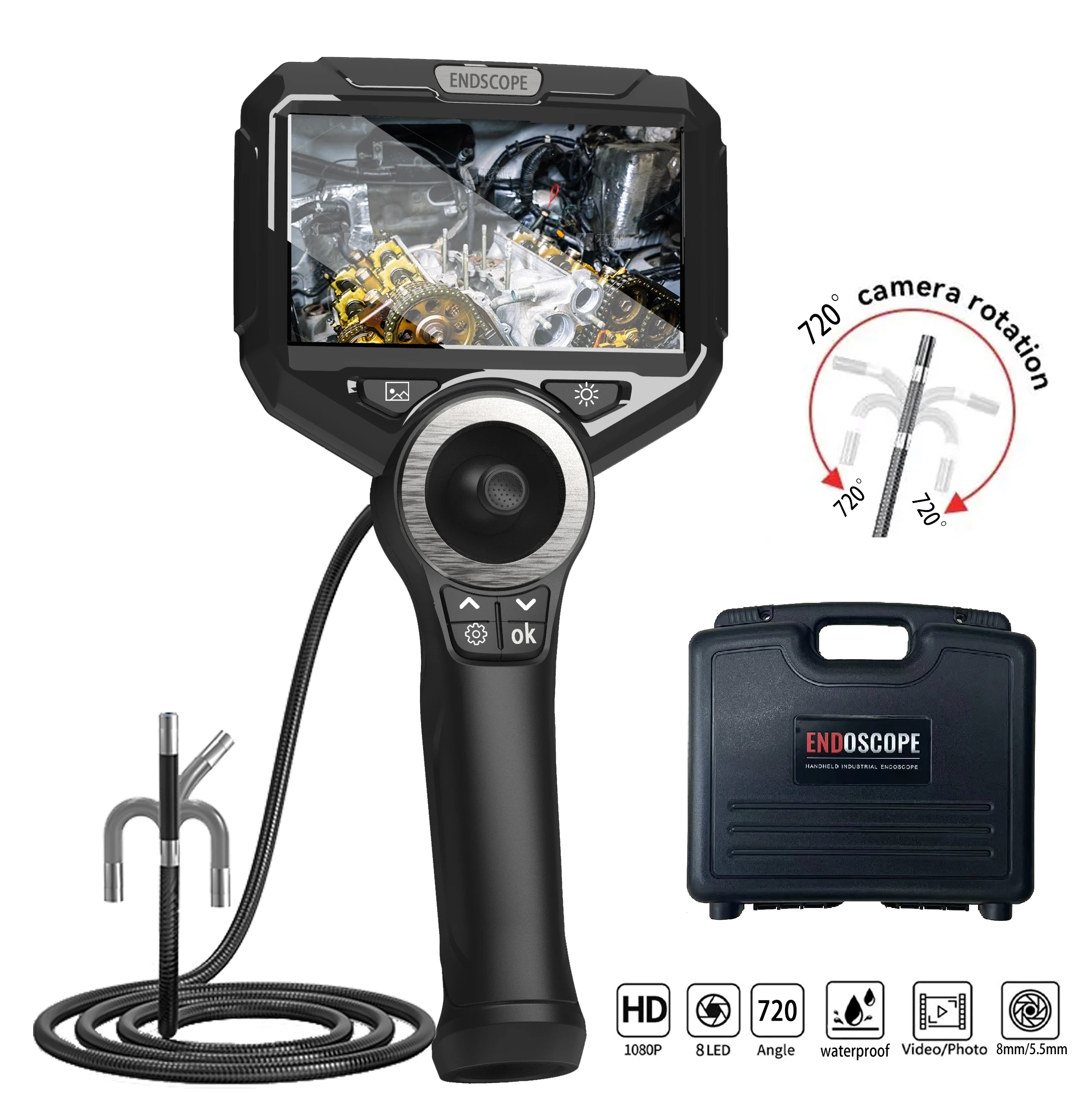 6mm 720 Degrees All Way Steering Industrial  Endoscope for Car Pipe Inspection Sewer Camera Borescope With 5 Inch HD Screen