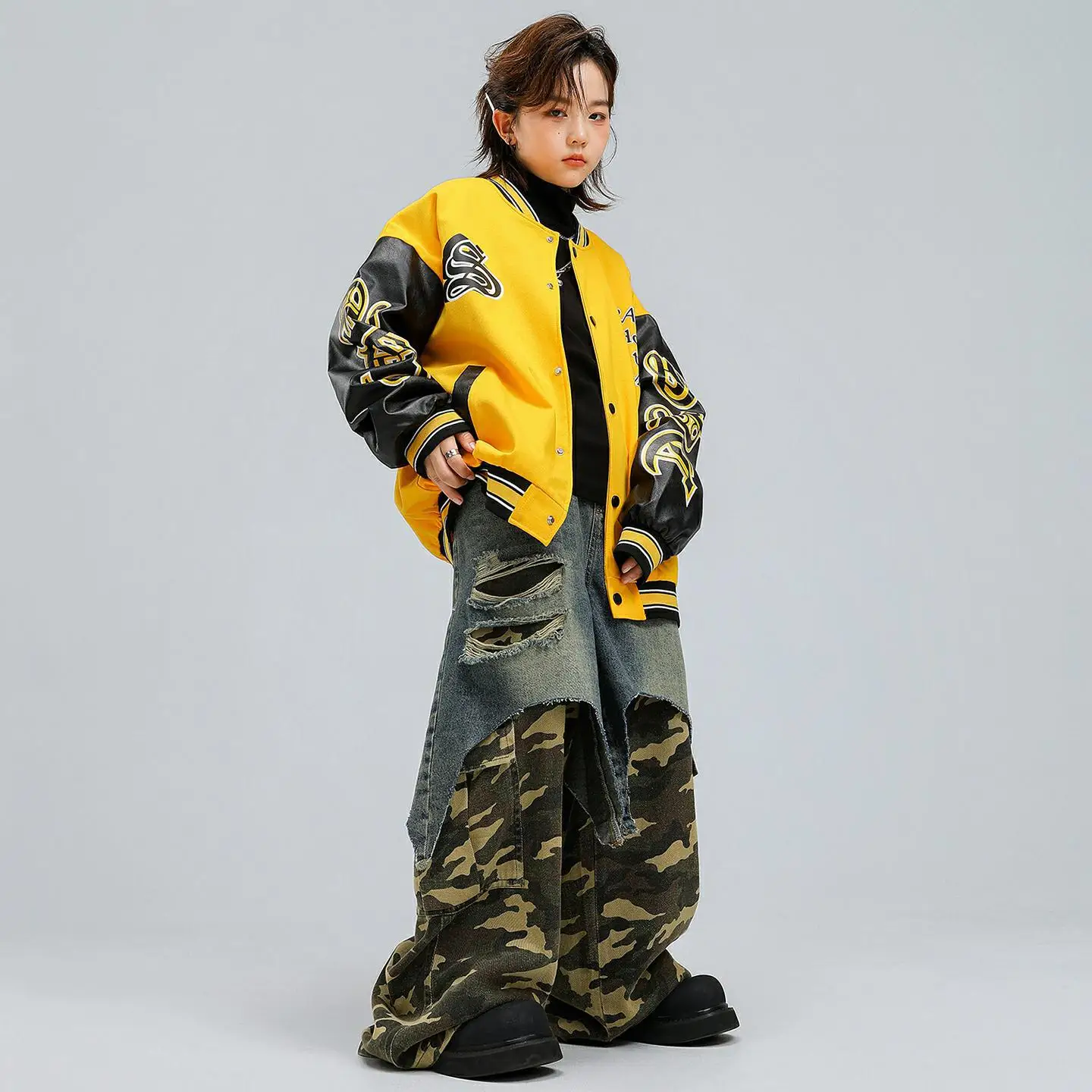 طفل Kpop الهيب هوب الملابس سترة صفراء سترة واقية الدنيم الأزرق كامو المرقعة ممزق السراويل لفتاة صبي أزياء رقص الملابس #3