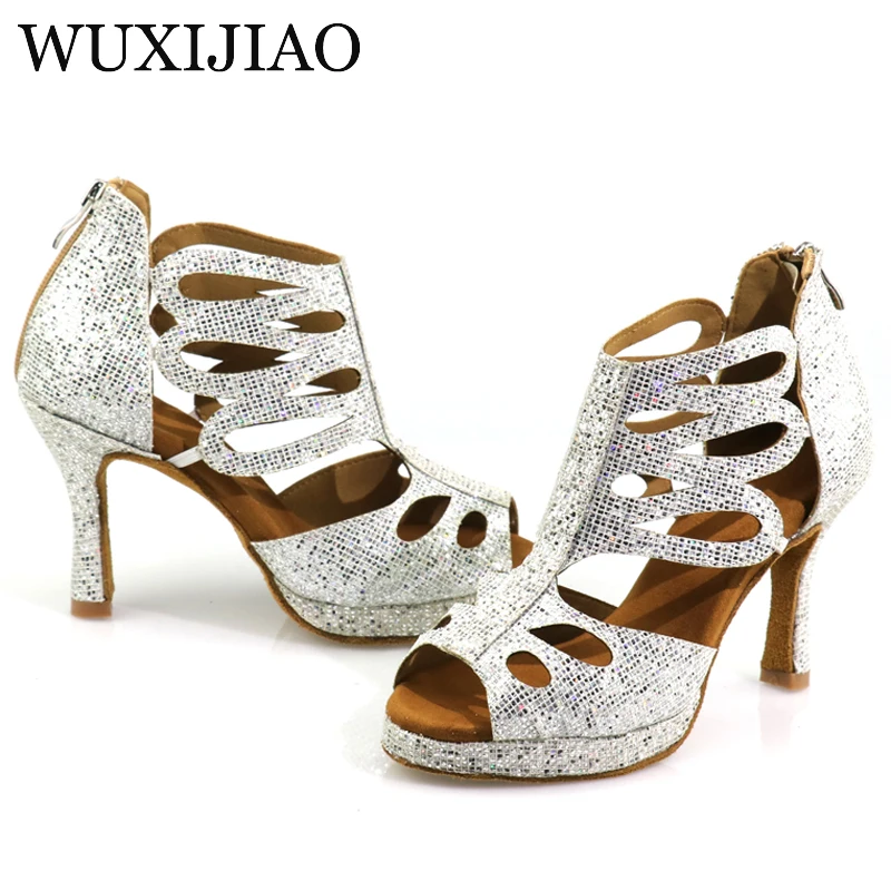 WUXIJIAO New High Top Dance Shoes White Black Glitter Cloth Ladies High Heels Salsa Ballroom Dance Shoes Girls Salsa Dance Shoes