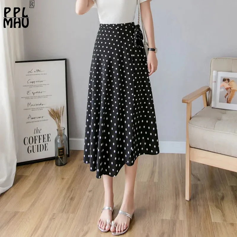 

Summer Printing Chiffon Skirts Women Thin Design All-In-One Skirt Korean Fashion High Waist Lace Up Faldas Casual Slim Bottoms