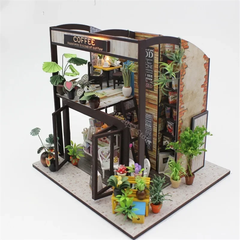 

Home Decor Figurine DIY Coffee House Wood Miniature Model Kits Decoration Dollhouse Birthday Gift for Girl