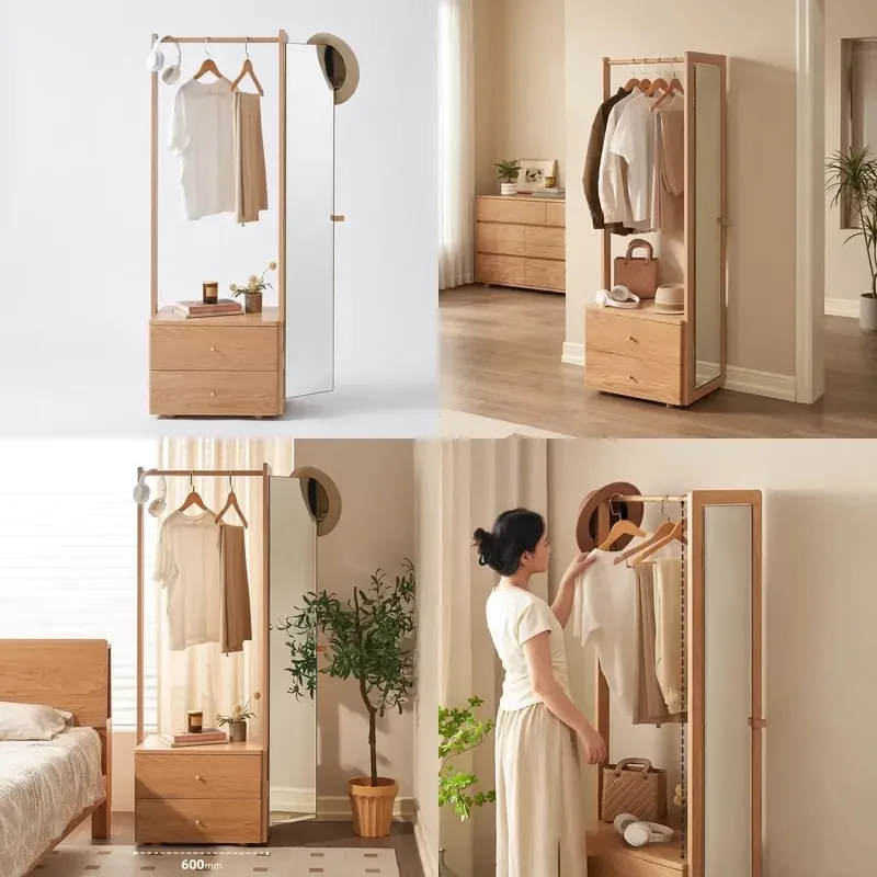 Modern Solid Wood Floor to Ceiling Hanger with Shelves Bedroom Clothing Storage Rack