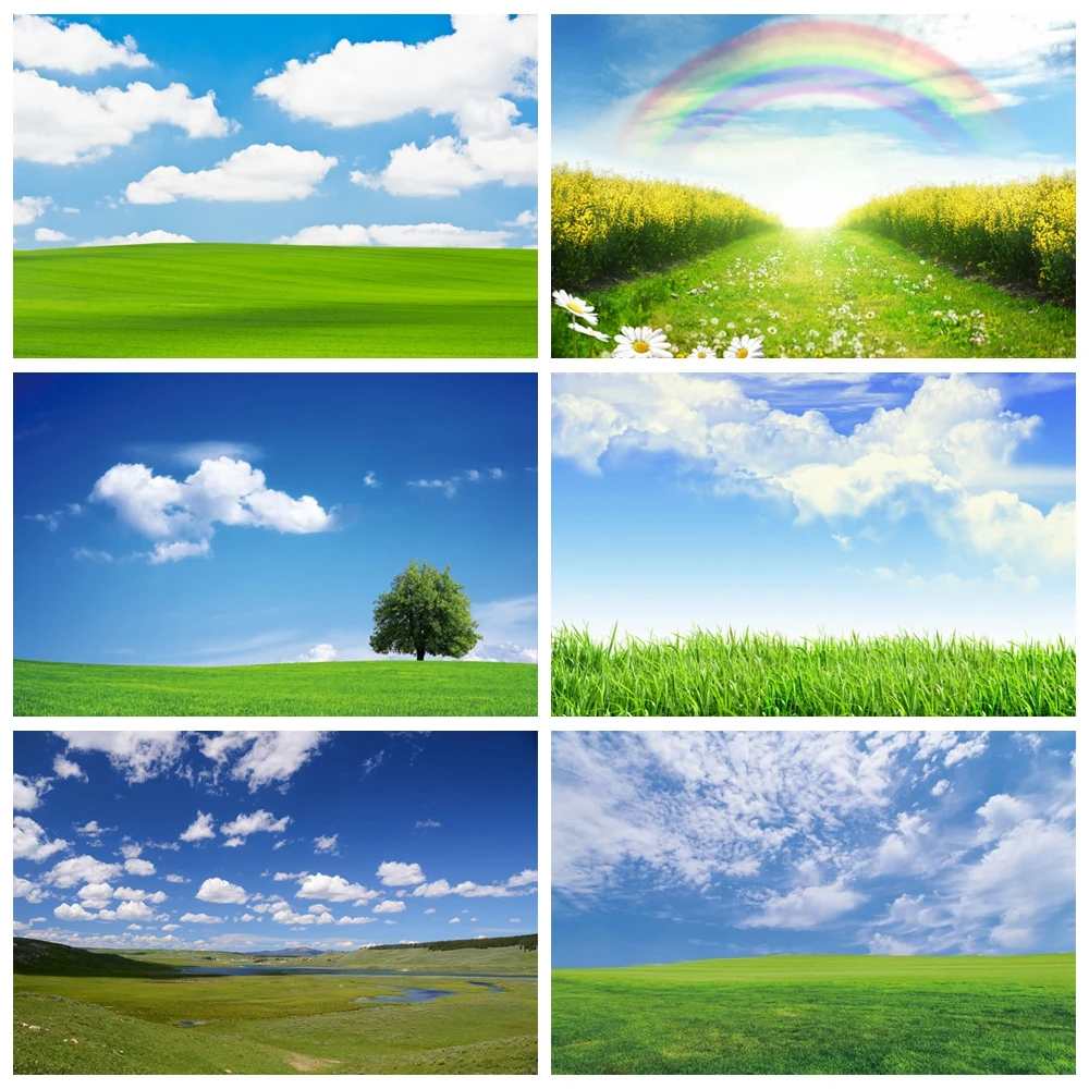 Laeacco Green Grass Lawn Blue Sky Cloudy Spring Natural Scenic Photography Backdrops Photo Backgrounds For Photo Studio