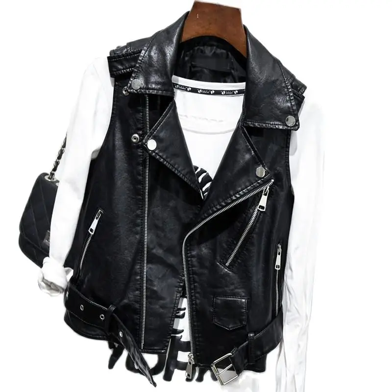 Hot Sale Black Sleeveless Pu Women Leather Jackets Winter Jacket Pu Belt Veste Motorcycle Jacket Waistcoat Vest Rivet Vests