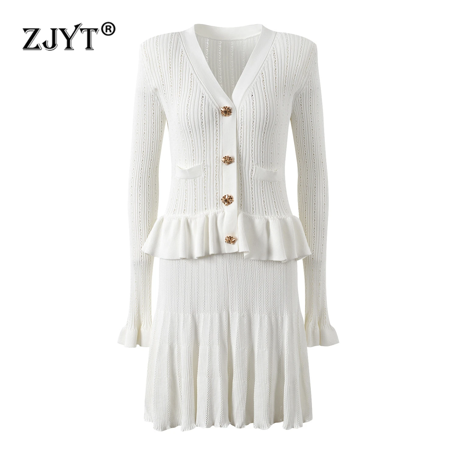 

ZJYT Fashion Women Hollow Out Knitting Dresses Autumn 2024 Flare Sleeve One Piece Sweater Dress Elegant Party Vestidos Feminino