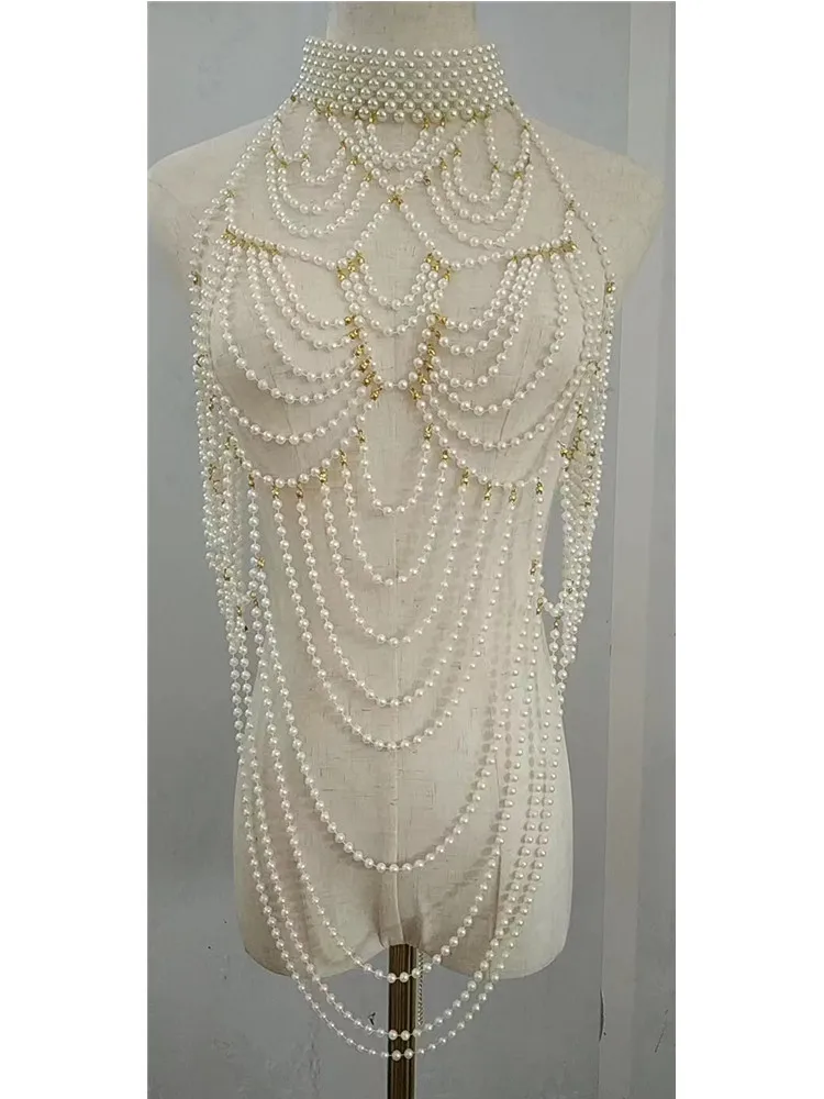 Joyería de cadena de cuerpo de perlas para mujer, sujetador totalmente hecho a mano con flecos, vestido de novia nupcial, cadena de cintura de perla