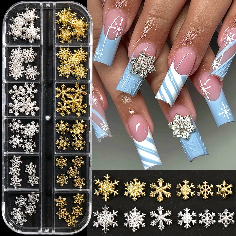 12 Grids 3D Metallic Snowflake Christmas Nail Decorations Gold Silver Snowflake Alloy Nail Charms Y2K Glitter Winter Nail Rivets
