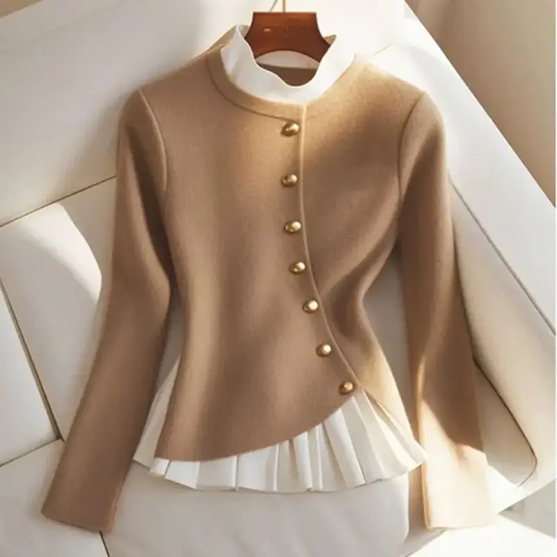 Women Korean Fashion Ruffle Contrast Color Patchwork Knitted Sweater Vintage Elegant Chic Buttons Long Sleeve Slim Pullover Tops