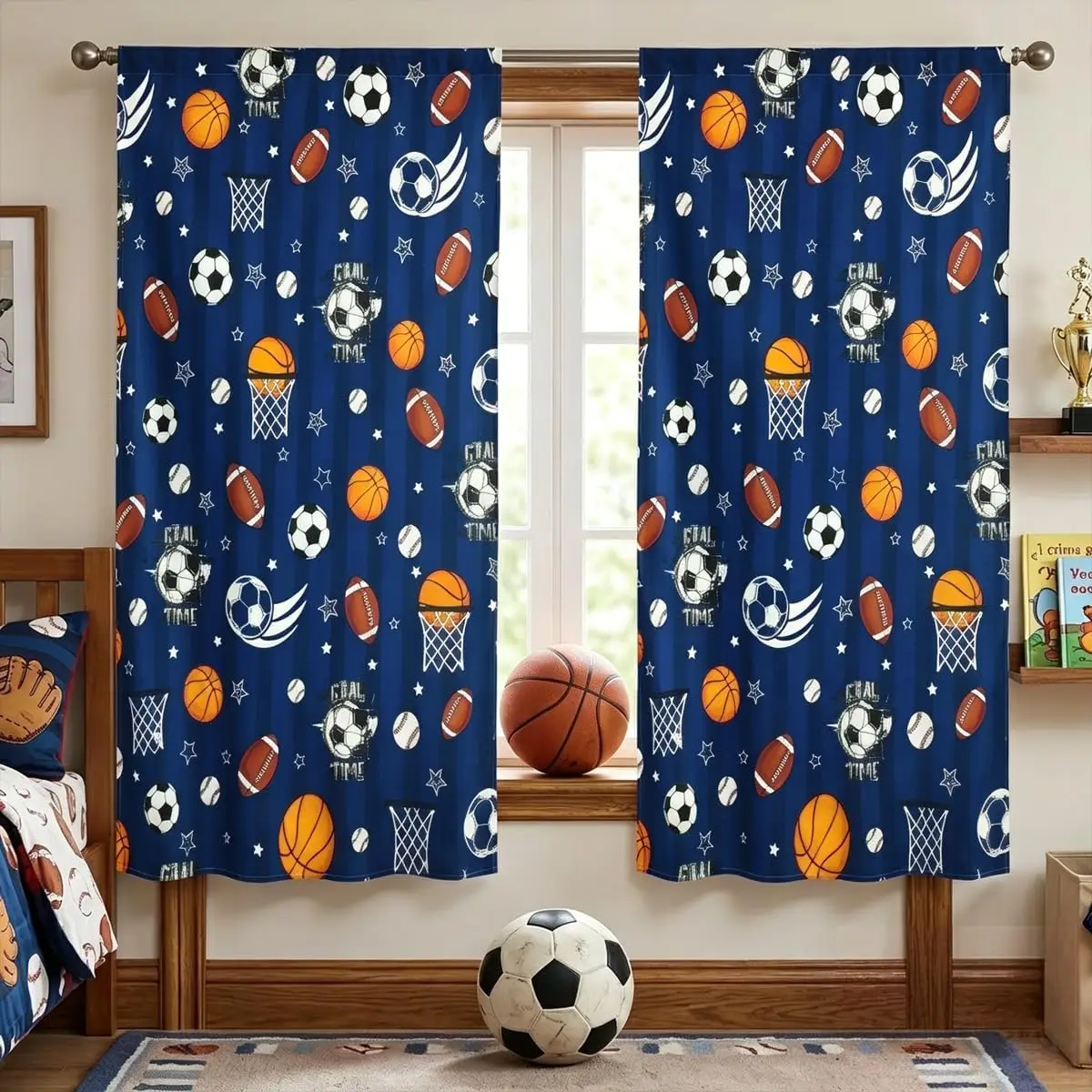 Cool Striped Multisport Ball Theme Curtain 2 Panels Navy Base Star Hoop Mixed Ball Print Window Curtain Boys Bedroom Sport Home