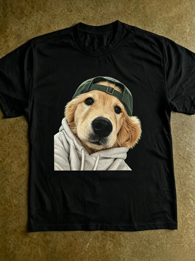 Men Women Loose T-shirt Fashion Hip Hop Style Golden Retriever Wearing Cap Print Graphic Cotton Short Sleeve Streetwear Tee
