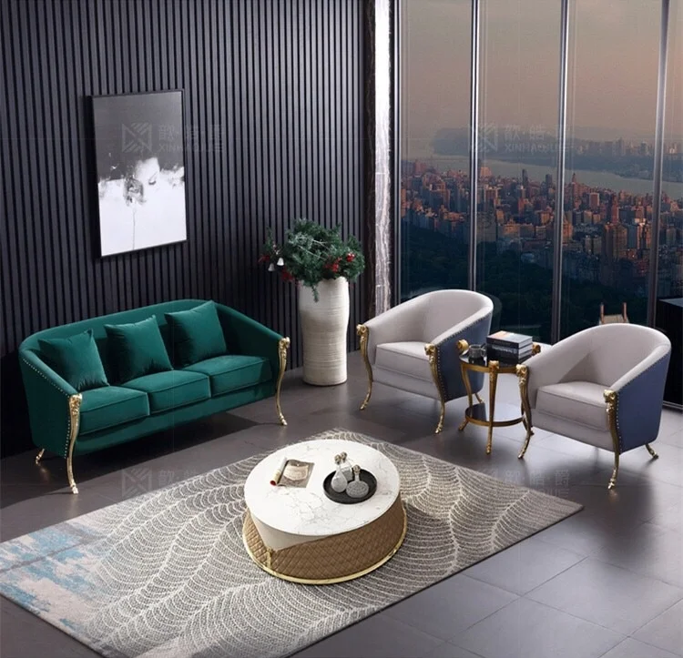 Contemporary Luxury American Style Rams Head Chrome Gold Royal Leisure Sofa Convertible Armrest Synthetic Leather Fabric Cover
