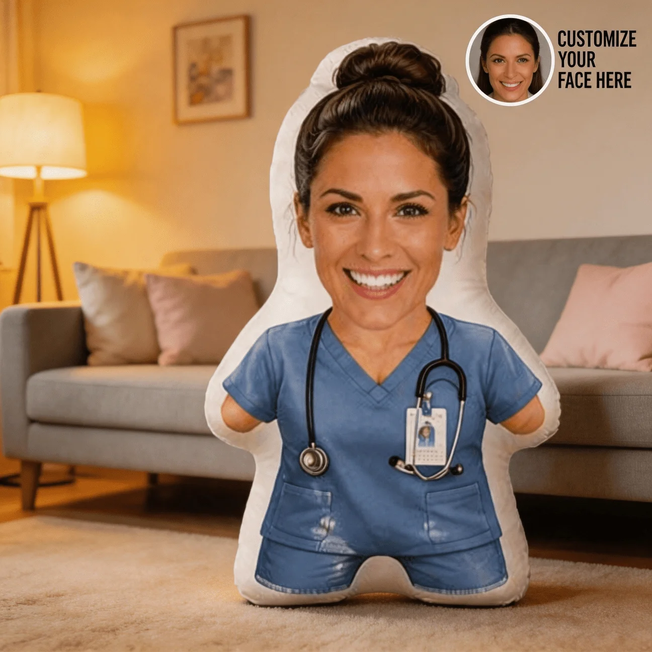 Custom Personalized Photo Nurse Shaped Pillow, Blue Scrubs Professional Custom Picture Decorative Cushion, 60CM Large Size Home