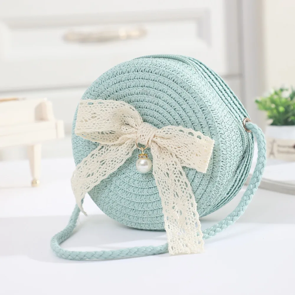 Cute Lace Bow Straw Bag Hand-woven Lightweight Summer Beach Bag Zipper Round Kids Crossbody Purse