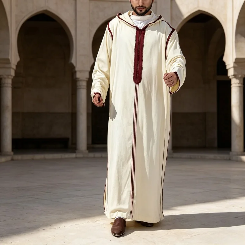 2026 Men's Muslim Hooded Robe Middle Eastern Islamic Arabic Clothing Vintage Loose Long Sleeve Drawstring Fashion Male Robe New