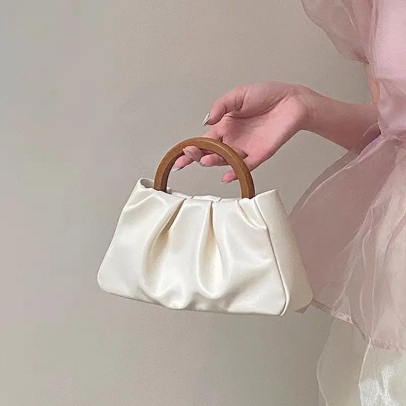 

2025 Trendy Cloud Mini Bag Wood Handle Folded Shoulder Purse for Women Stylish Small Crossbody Bag Cute Handheld Clutch