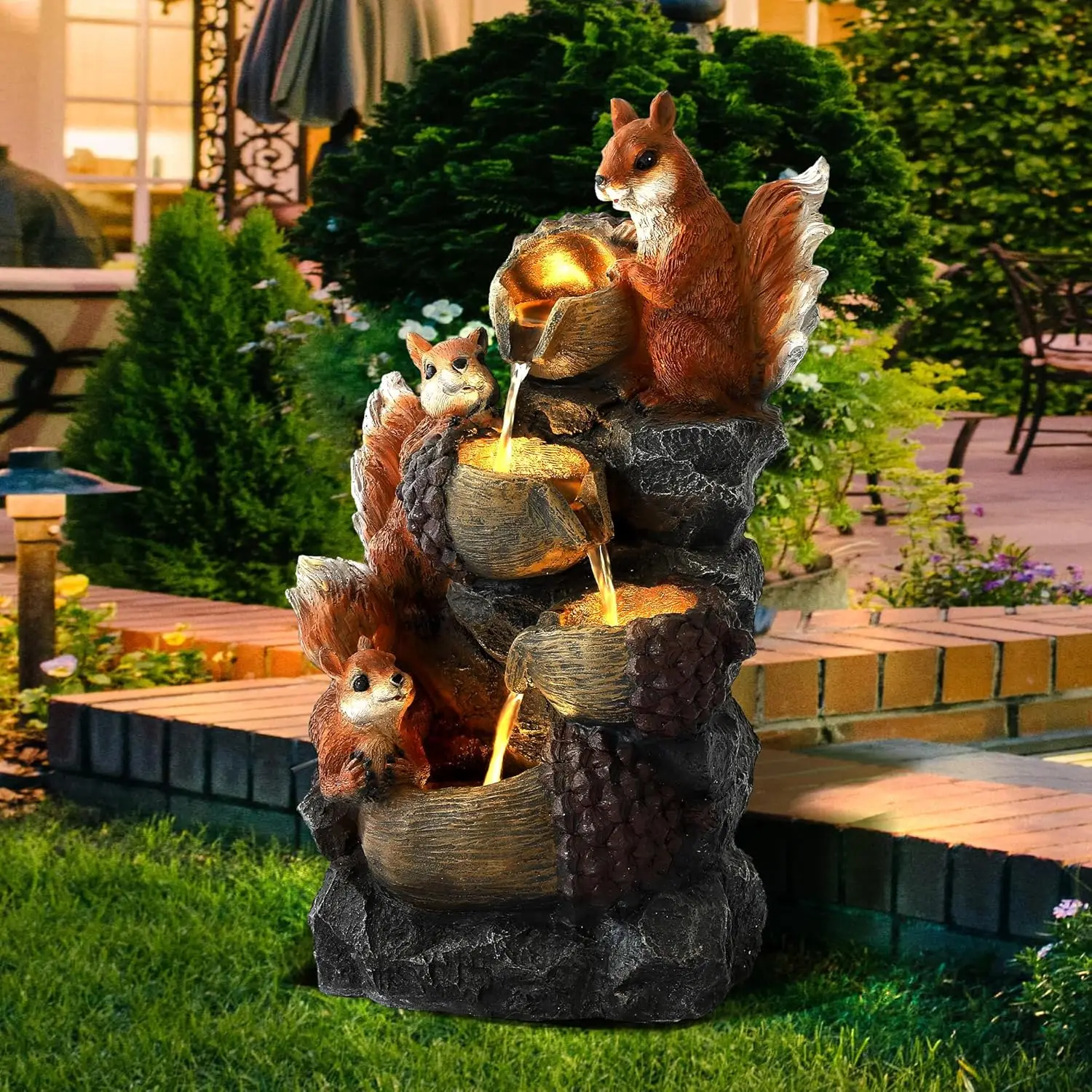 

Outdoor Water Fountain, Waterfall Indoor Outside Cascading Rock Fountain Garden Decor with Squirrels Decorations
