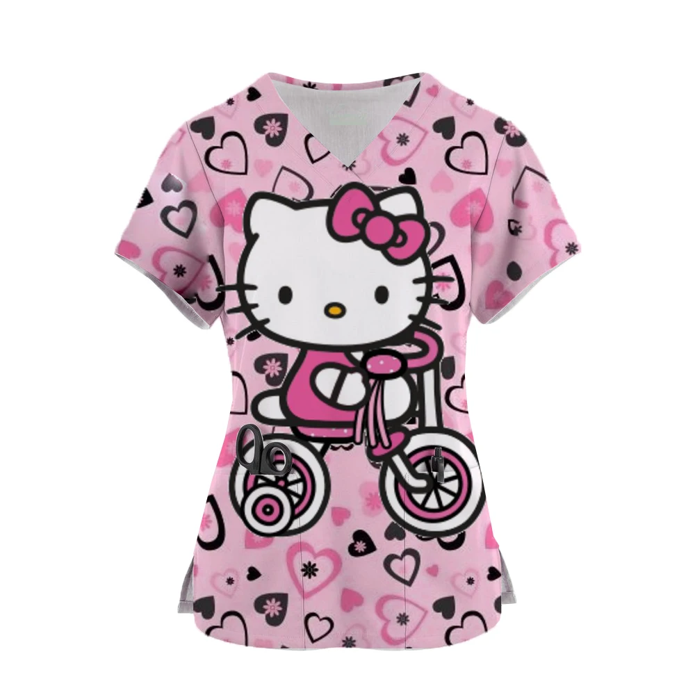 

Nurse Uniform Women Short Sleeve Hello Kitty Working Uniform Pocket Blouse Scrubs Tops Nursing Medical Uniforms Accessories