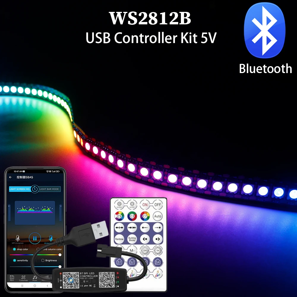 WS2812B tira de Led direccionable individualmente, RGB inteligente, 30/60/144LED/m y 28 teclas, Kit de controlador de música Bluetooth, USB 5V