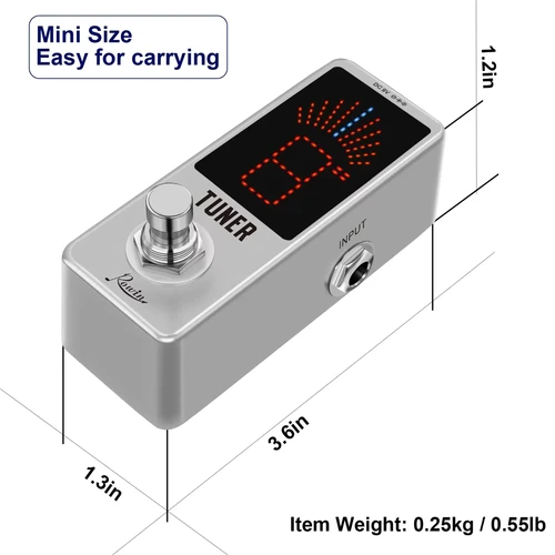 Imagen 2 del producto Pedal afinador de guitarra Rowin LT-910 |   Modo estroboscópico ultraciso, pantalla LED, True Bypass, diseño compacto de metal para guitarra/bajo (9V)