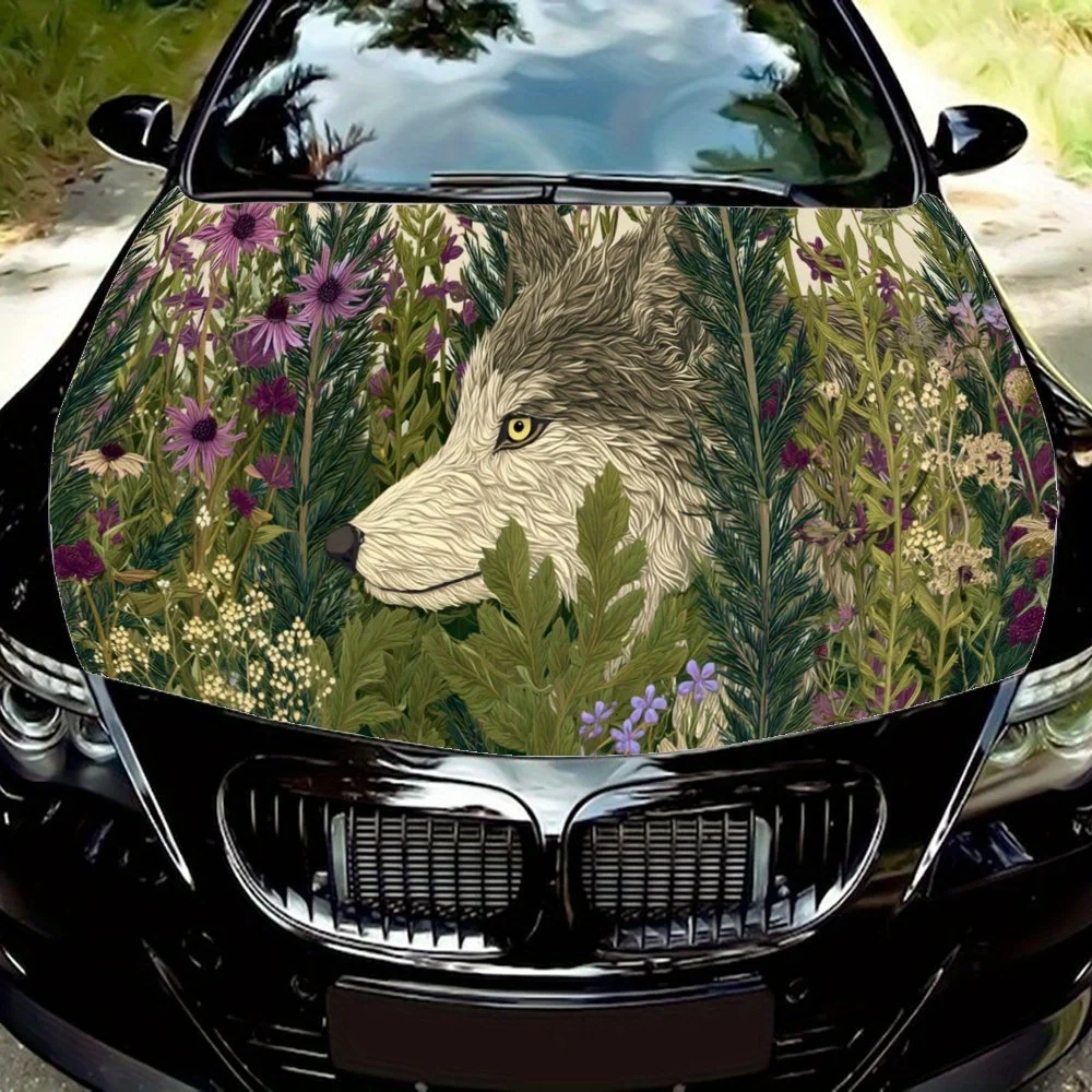 

Wolf in Flowers,Car Hood Decal, Self-Adhesive Waterproof PVC Car hood Sticker,Car Decoration Scratch Resistant Sticker Protectio